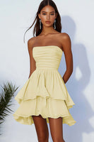 Load image into Gallery viewer, Sky Blue A Line Strapless Chiffon Short Cocaktail Dress with Ruffles