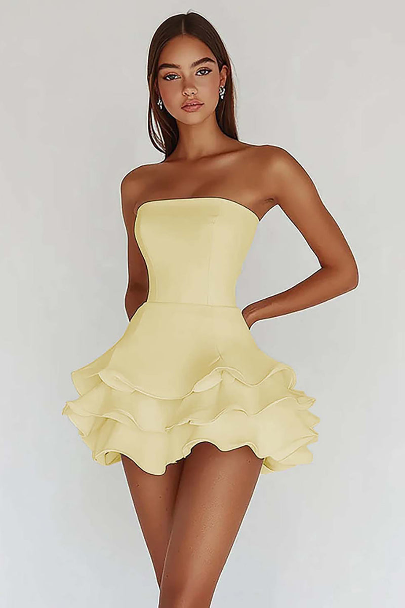 Load image into Gallery viewer, White Strapless A Line Tiered Matte Satin Graduation Dress