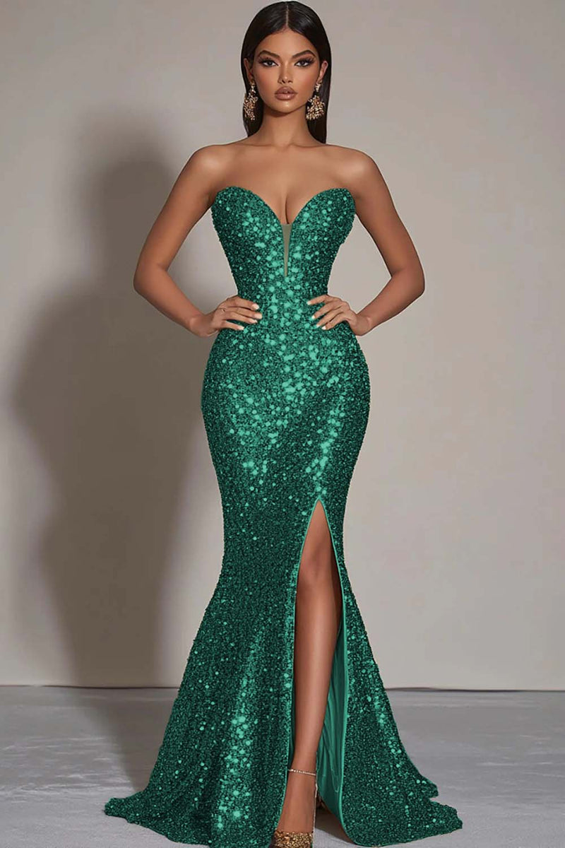 Load image into Gallery viewer, Sparkly Gold Sequins Strapless Mermaid Formal Dress with Slit