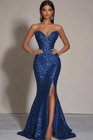 Load image into Gallery viewer, Sparkly Gold Sequins Strapless Mermaid Formal Dress with Slit