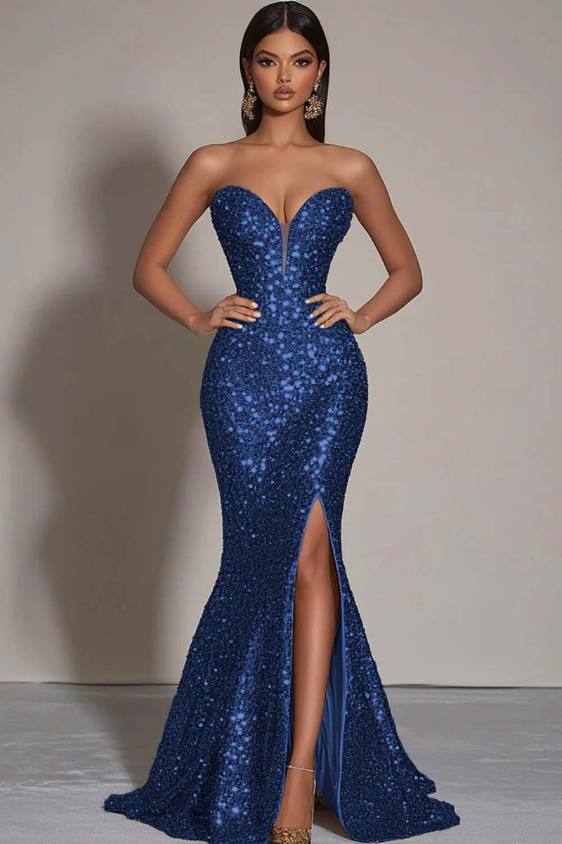 Load image into Gallery viewer, Sparkly Gold Sequins Strapless Mermaid Formal Dress with Slit