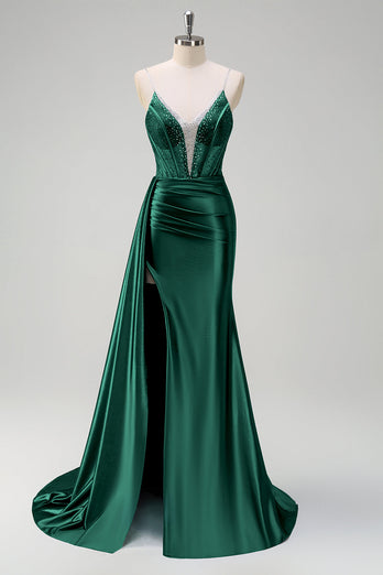 Navy Mermaid V Neck Corset Beaded Prom Dress with Slit