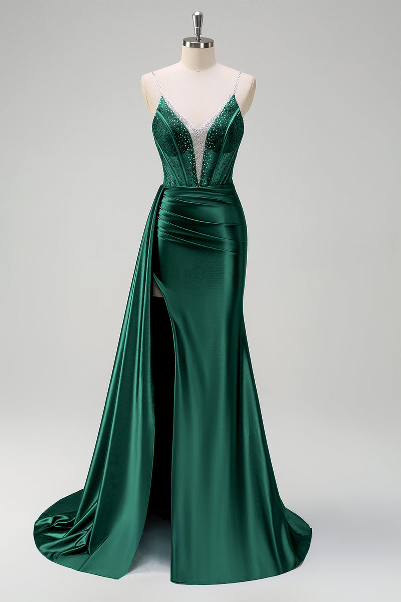 Load image into Gallery viewer, Navy Mermaid V Neck Corset Beaded Prom Dress with Slit