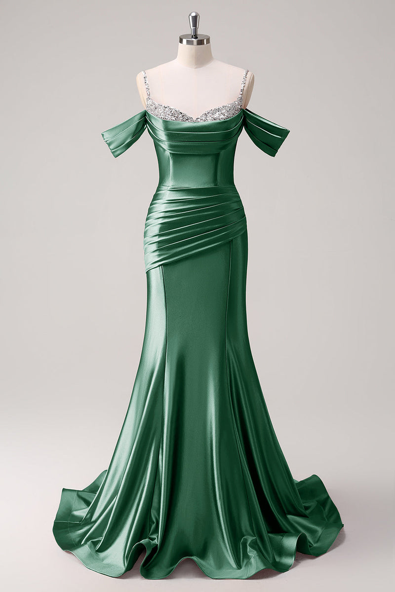 Load image into Gallery viewer, Golden Mermaid Cold Shoulder Sequined Ruched Long Prom Dress