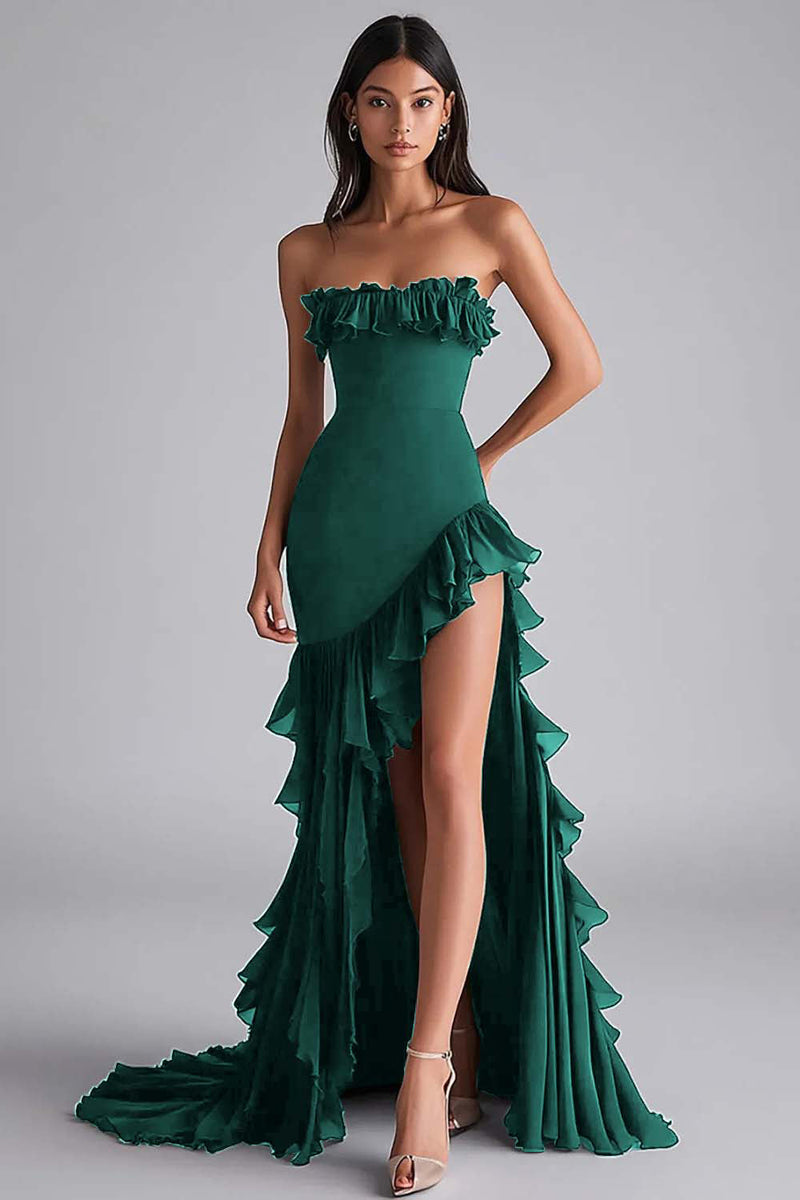 Load image into Gallery viewer, Black Mermaid Strapless Ruffled Formal Dress With Slit