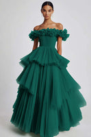 Load image into Gallery viewer, Dusty Sage Off The Shoulder A Line Ruffles Prom Dress
