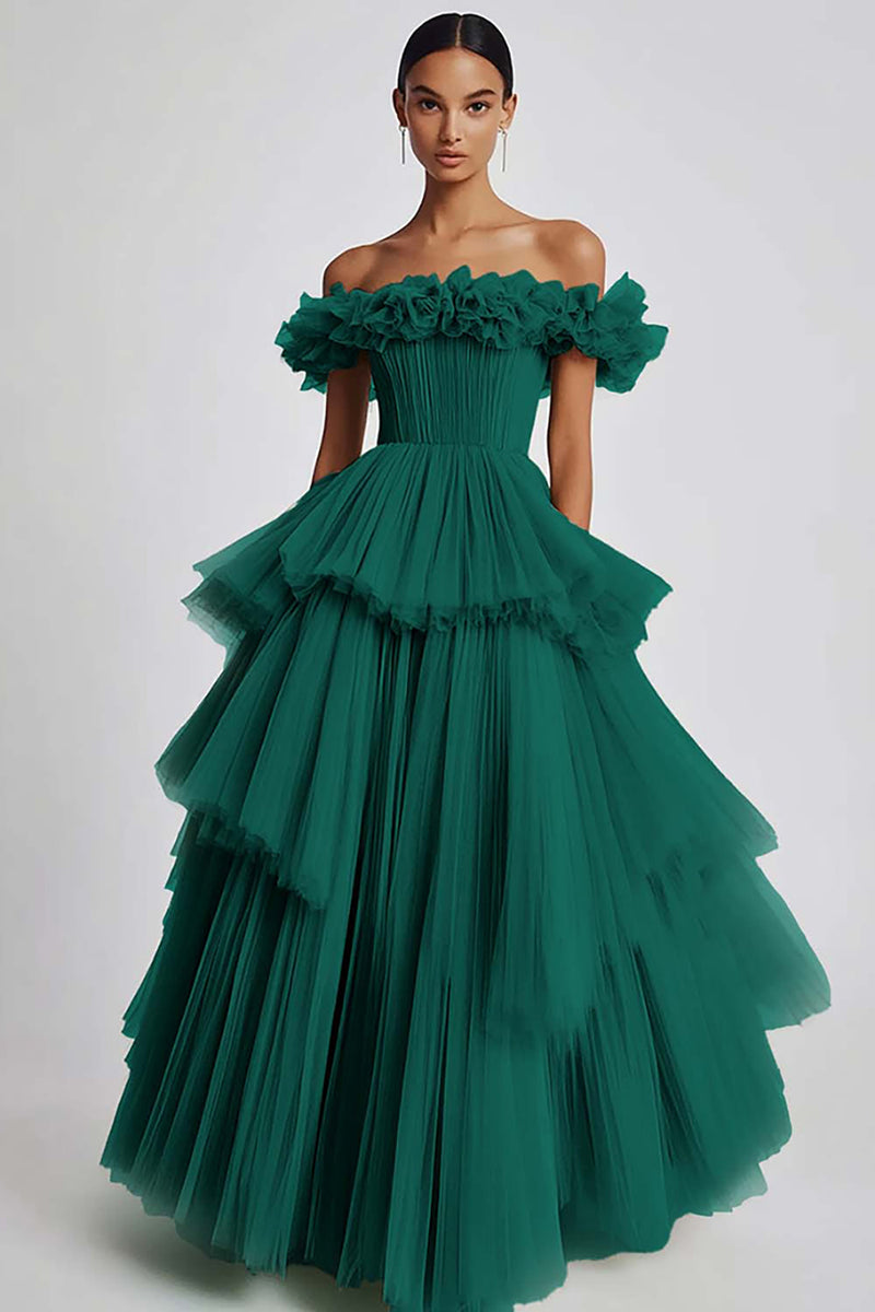 Load image into Gallery viewer, Dusty Sage Off The Shoulder A Line Ruffles Prom Dress
