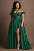 Load image into Gallery viewer, Plus Size Navy Off The Shoulder Satin Long Formal Dress with Slit
