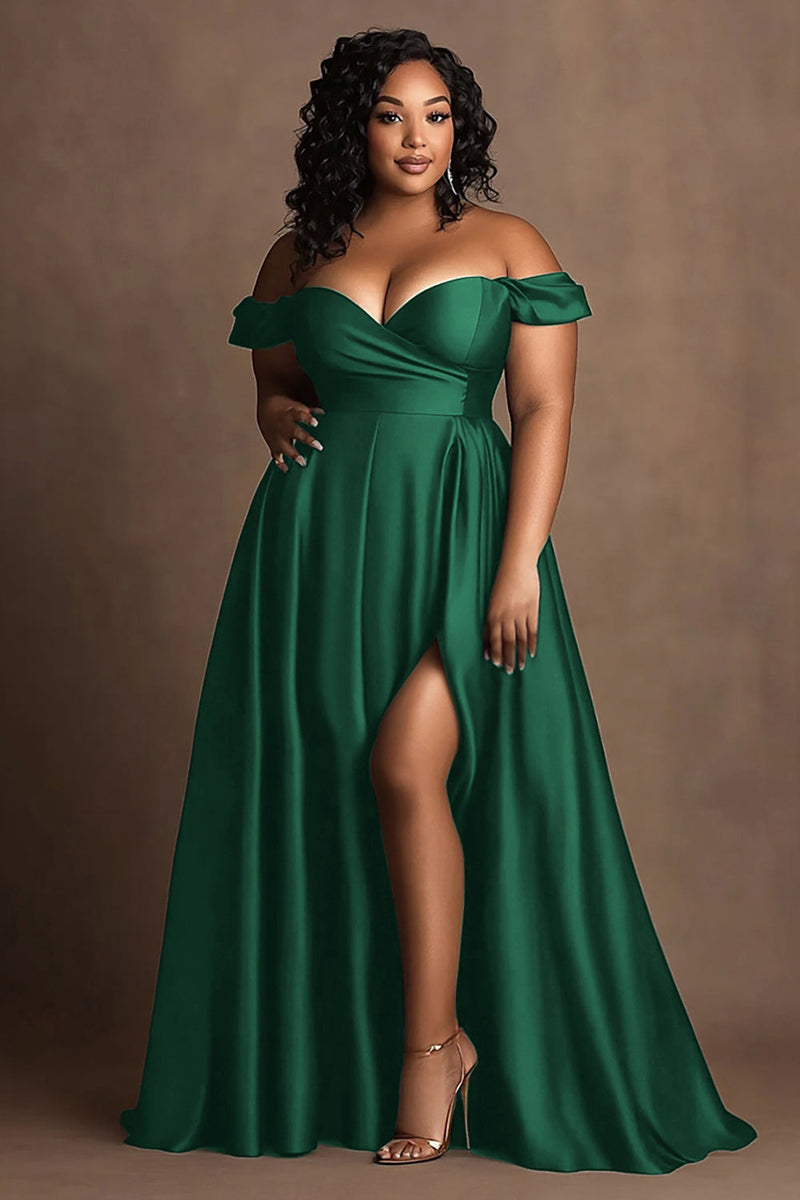 Load image into Gallery viewer, Plus Size Navy Off The Shoulder Satin Long Formal Dress with Slit