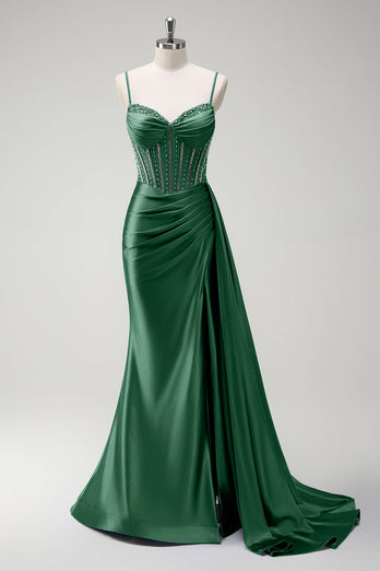 Sparkly Royal Blue Mermaid Corset Satin Long Prom Dress