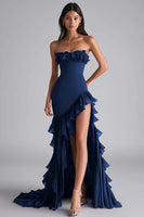 Load image into Gallery viewer, Black Mermaid Strapless Ruffled Formal Dress With Slit