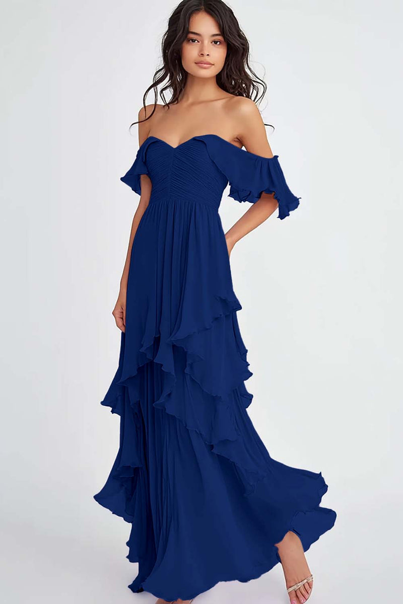 Load image into Gallery viewer, Ruffled Pleated Lilac Off the Shoulder A Line Formal Dress