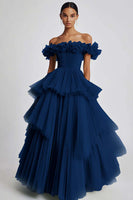 Load image into Gallery viewer, Dusty Sage Off The Shoulder A Line Ruffles Prom Dress