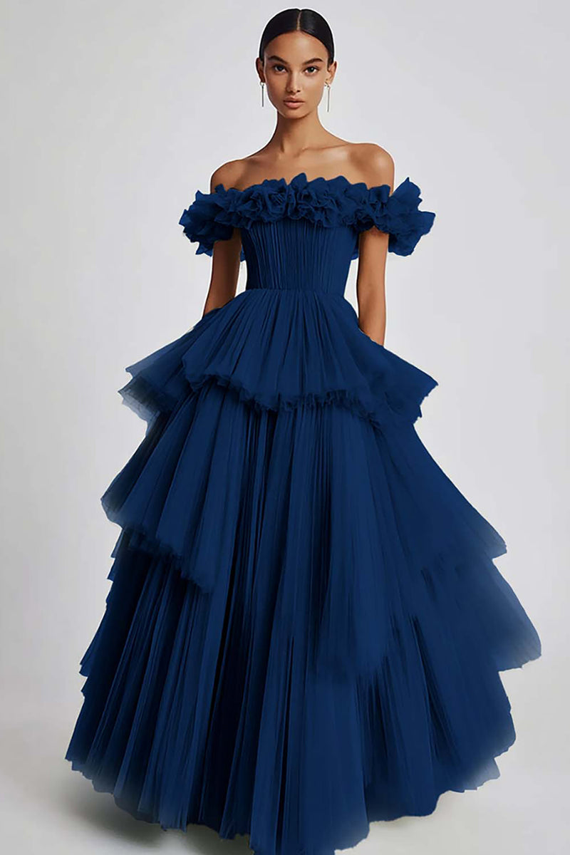 Load image into Gallery viewer, Dusty Sage Off The Shoulder A Line Ruffles Prom Dress
