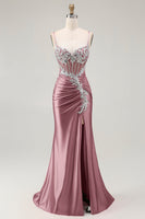 Load image into Gallery viewer, Grey Pink Spaghetti Straps Mermaid Long Prom Dress with Beading