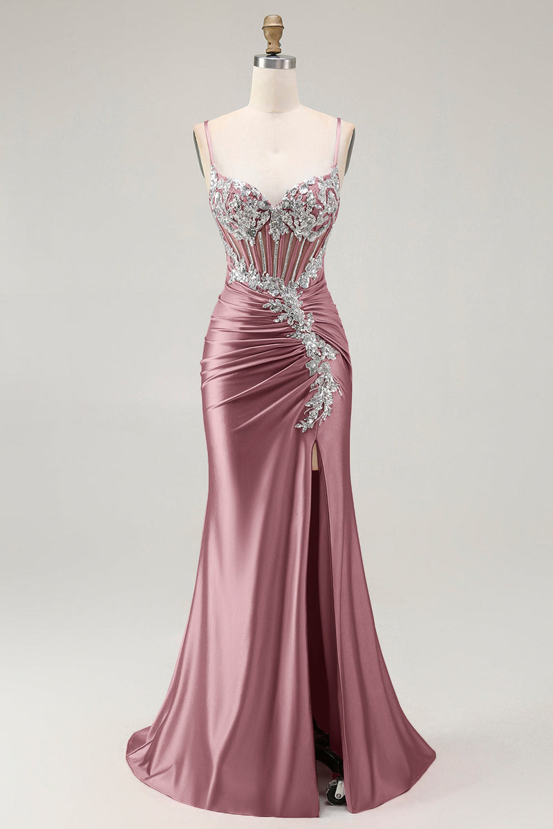 Load image into Gallery viewer, Grey Pink Spaghetti Straps Mermaid Long Prom Dress with Beading
