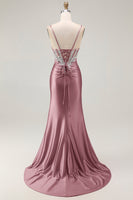 Load image into Gallery viewer, Grey Pink Spaghetti Straps Mermaid Long Prom Dress with Beading