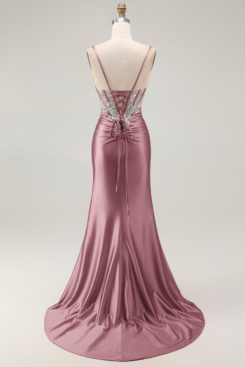 Load image into Gallery viewer, Grey Pink Spaghetti Straps Mermaid Long Prom Dress with Beading