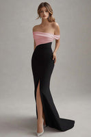 Load image into Gallery viewer, Matte Satin Sheath Off the Shoulder Black Tie Dress