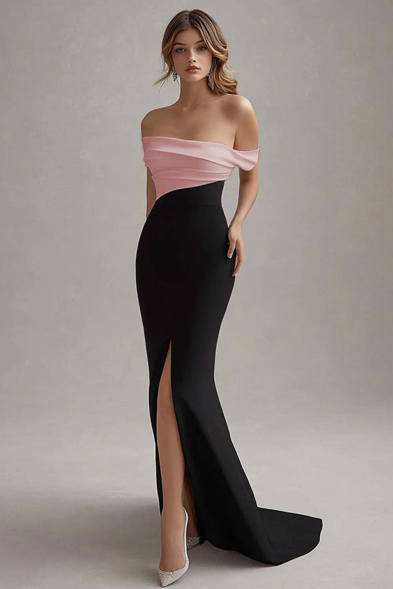Load image into Gallery viewer, Matte Satin Sheath Off the Shoulder Black Tie Dress