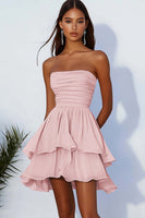 Load image into Gallery viewer, Sky Blue A Line Strapless Chiffon Short Cocaktail Dress with Ruffles