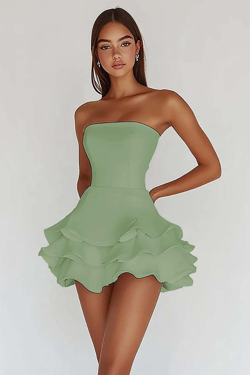 Load image into Gallery viewer, White Strapless A Line Tiered Matte Satin Graduation Dress