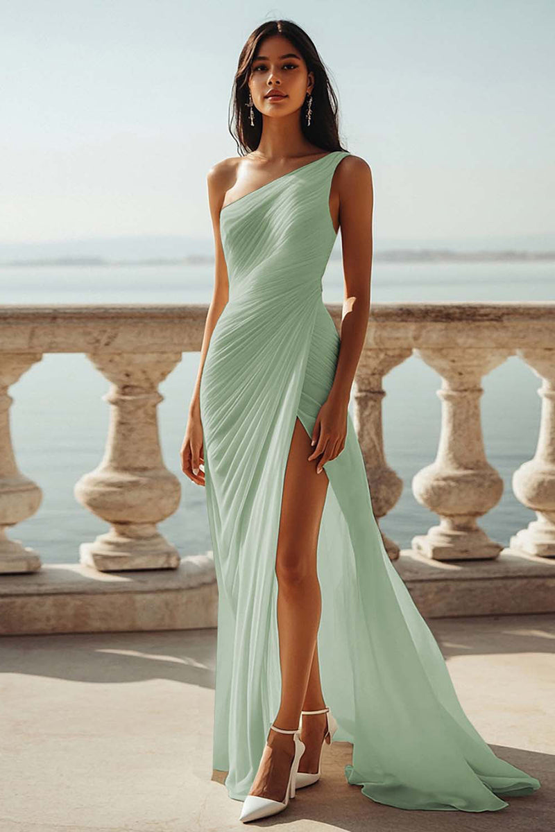 Load image into Gallery viewer, Chiffon Ivory One Shoulder Maxi Sheath Beach Engagement Dress with Slit