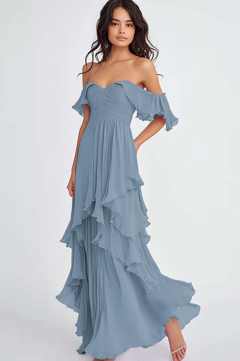 Load image into Gallery viewer, Ruffled Pleated Lilac Off the Shoulder A Line Formal Dress