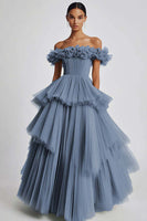 Load image into Gallery viewer, Dusty Sage Off The Shoulder A Line Ruffles Prom Dress