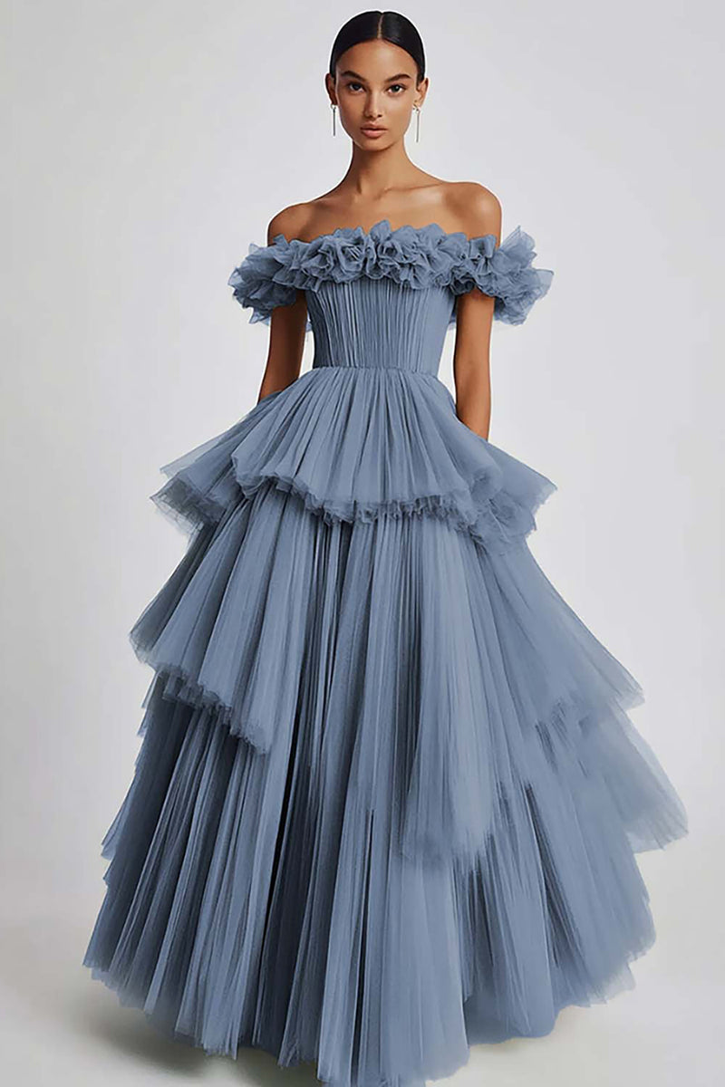 Load image into Gallery viewer, Dusty Sage Off The Shoulder A Line Ruffles Prom Dress