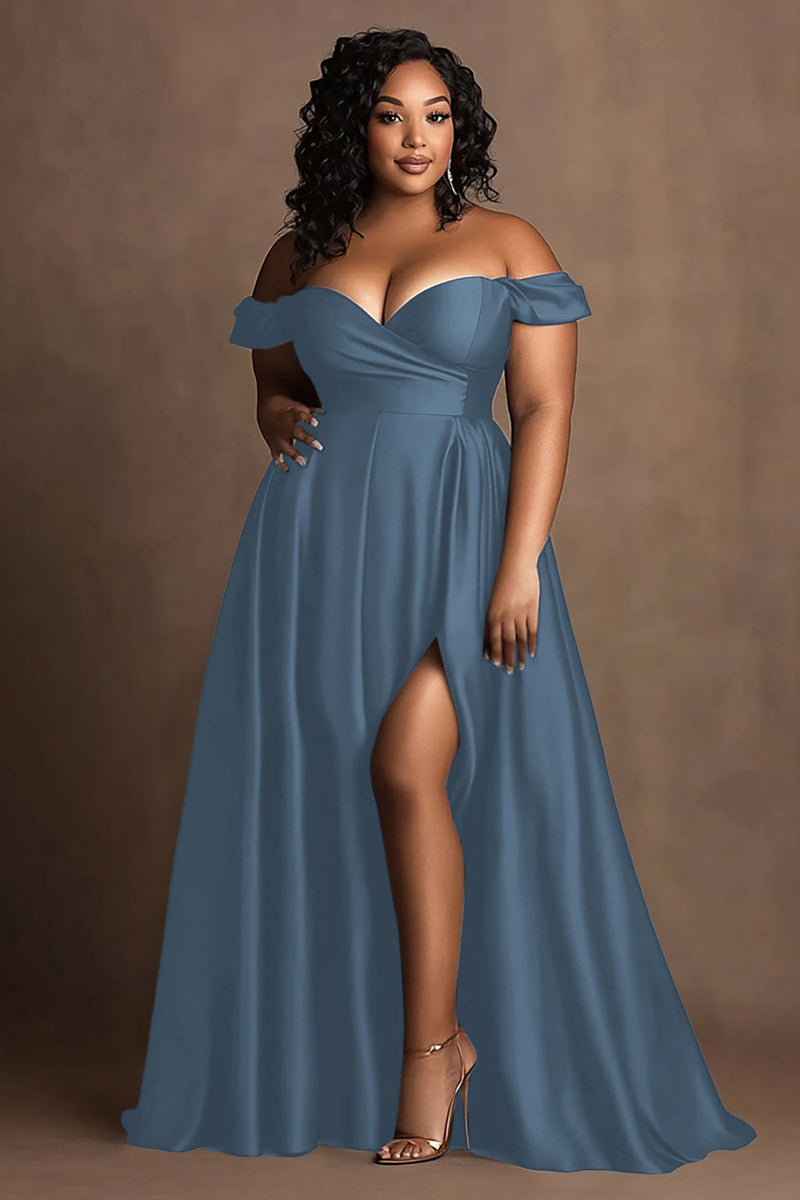 Load image into Gallery viewer, Plus Size Navy Off The Shoulder Satin Long Formal Dress with Slit