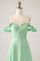 Load image into Gallery viewer, Green A Line Off The Shoulder Corset Bridesmaid Dress With Ruffles