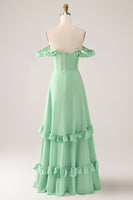 Load image into Gallery viewer, Green A Line Off The Shoulder Corset Bridesmaid Dress With Ruffles