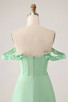 Load image into Gallery viewer, Green A Line Off The Shoulder Corset Bridesmaid Dress With Ruffles