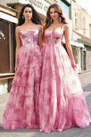 Load image into Gallery viewer, Floral A Line Strapless Corset Tiered Blush Prom Dress with Slit
