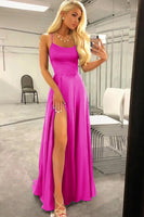Load image into Gallery viewer, Fuchsia Halter Backless A Line Satin Prom Dress with Slit