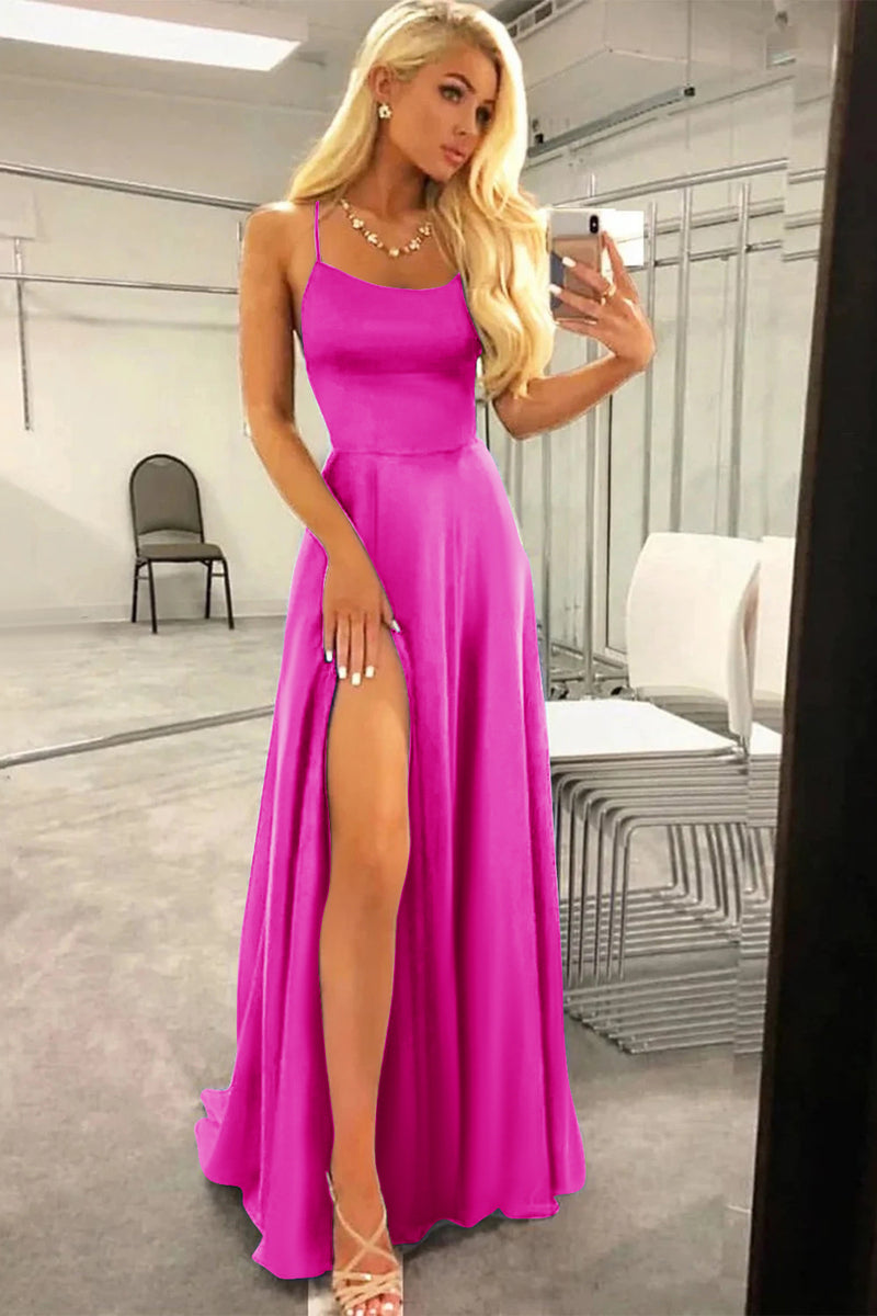 Load image into Gallery viewer, Fuchsia Halter Backless A Line Satin Prom Dress with Slit