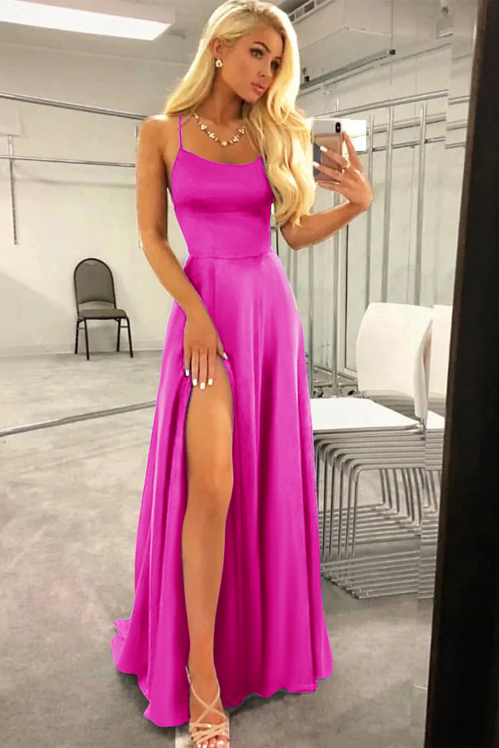 Fuchsia Halter Backless A Line Satin Prom Dress with Slit
