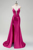 Load image into Gallery viewer, Navy Mermaid V Neck Corset Beaded Prom Dress with Slit
