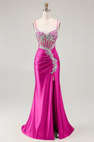 Load image into Gallery viewer, Grey Pink Spaghetti Straps Mermaid Long Prom Dress with Beading