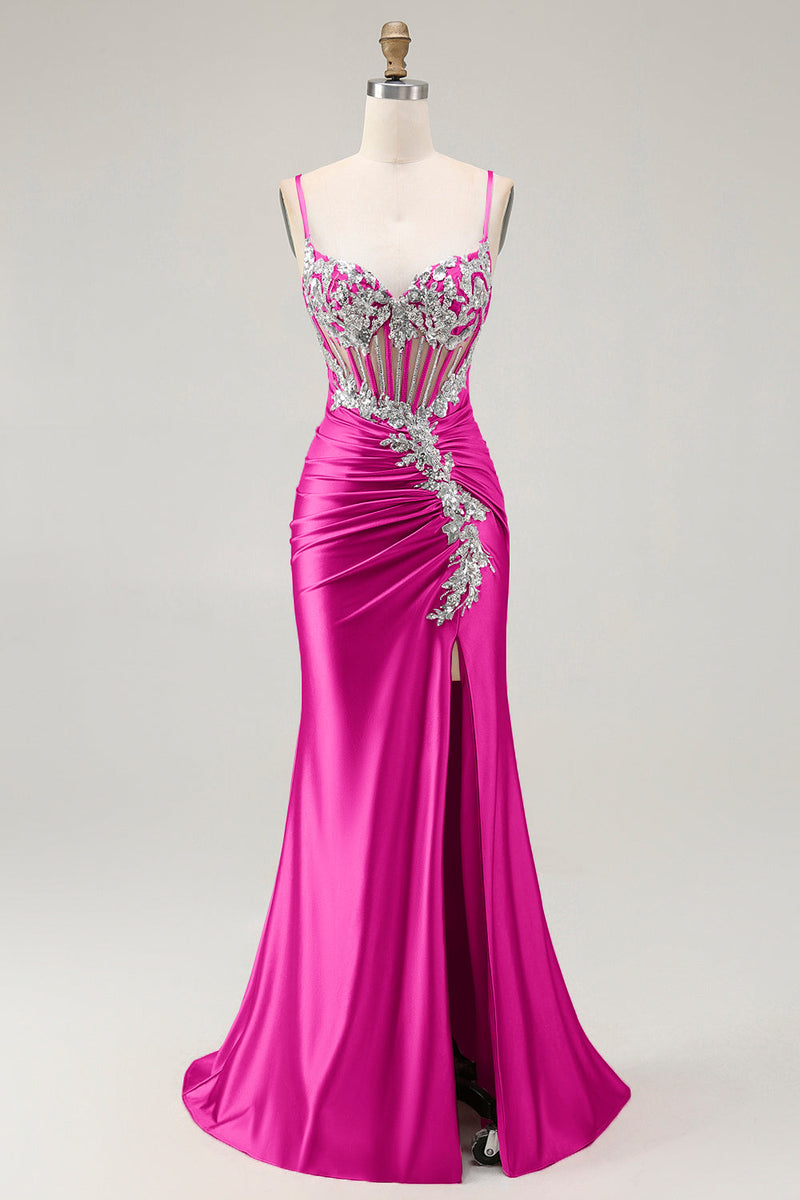 Load image into Gallery viewer, Grey Pink Spaghetti Straps Mermaid Long Prom Dress with Beading