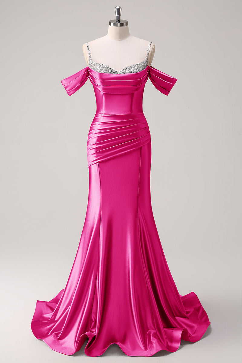 Load image into Gallery viewer, Golden Mermaid Cold Shoulder Sequined Ruched Long Prom Dress