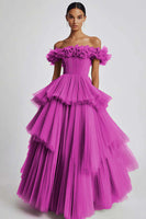 Load image into Gallery viewer, Dusty Sage Off The Shoulder A Line Ruffles Prom Dress