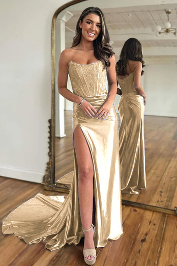Dark Green Mermaid Strapless Satin Corset Prom Dress with Slit