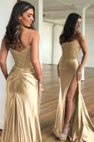 Load image into Gallery viewer, Dark Green Mermaid Strapless Satin Corset Prom Dress with Slit