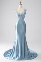 Load image into Gallery viewer, Grey Blue Mermaid Spaghetti Straps Long Beaded Prom Dress With Appliques