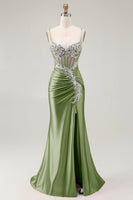 Load image into Gallery viewer, Grey Pink Spaghetti Straps Mermaid Long Prom Dress with Beading