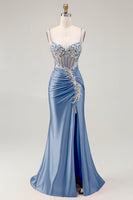 Load image into Gallery viewer, Grey Pink Spaghetti Straps Mermaid Long Prom Dress with Beading