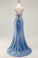 Load image into Gallery viewer, Grey Pink Spaghetti Straps Mermaid Long Prom Dress with Beading