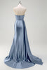 Load image into Gallery viewer, Navy Mermaid V Neck Corset Beaded Prom Dress with Slit